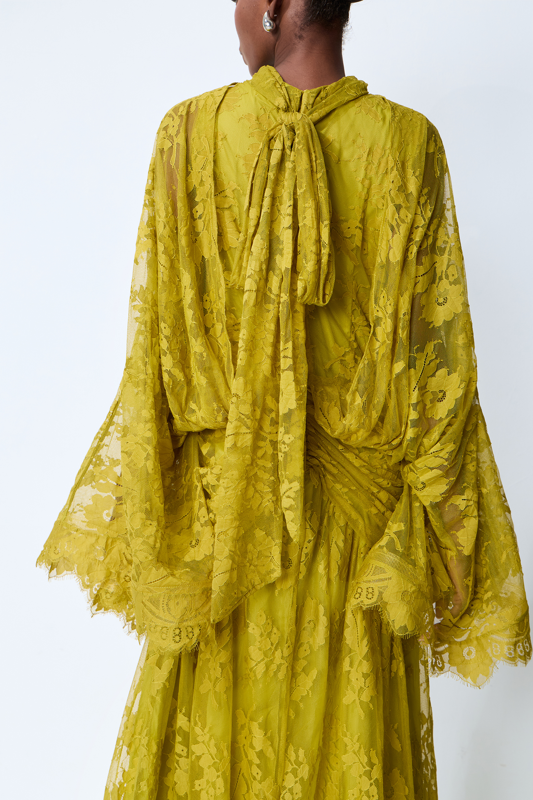 Elegant Chartreuse Floral Lace High-Neck Maxi Dress