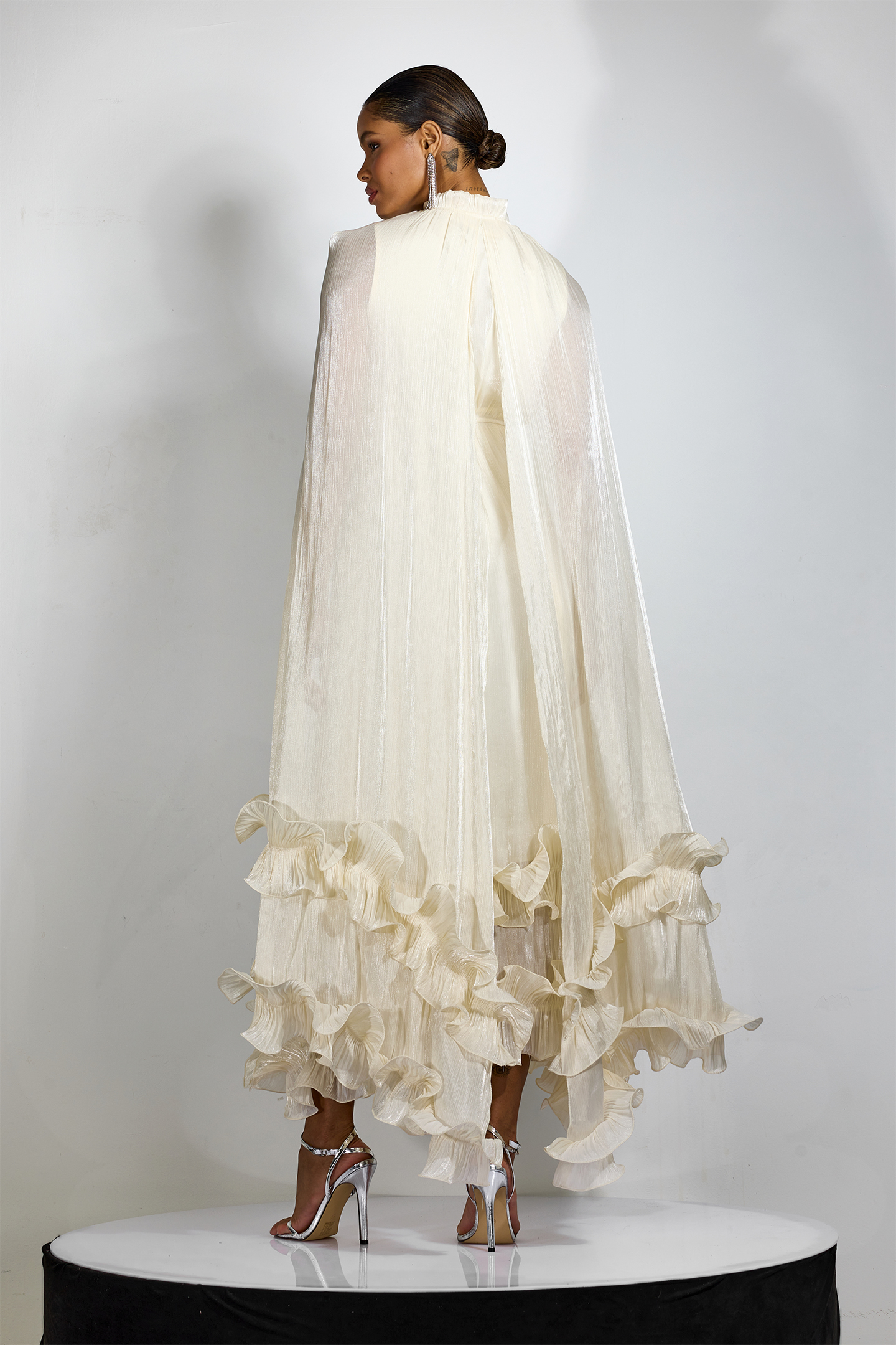 Ivory Pleated Cape Ruffle Maxi Dress