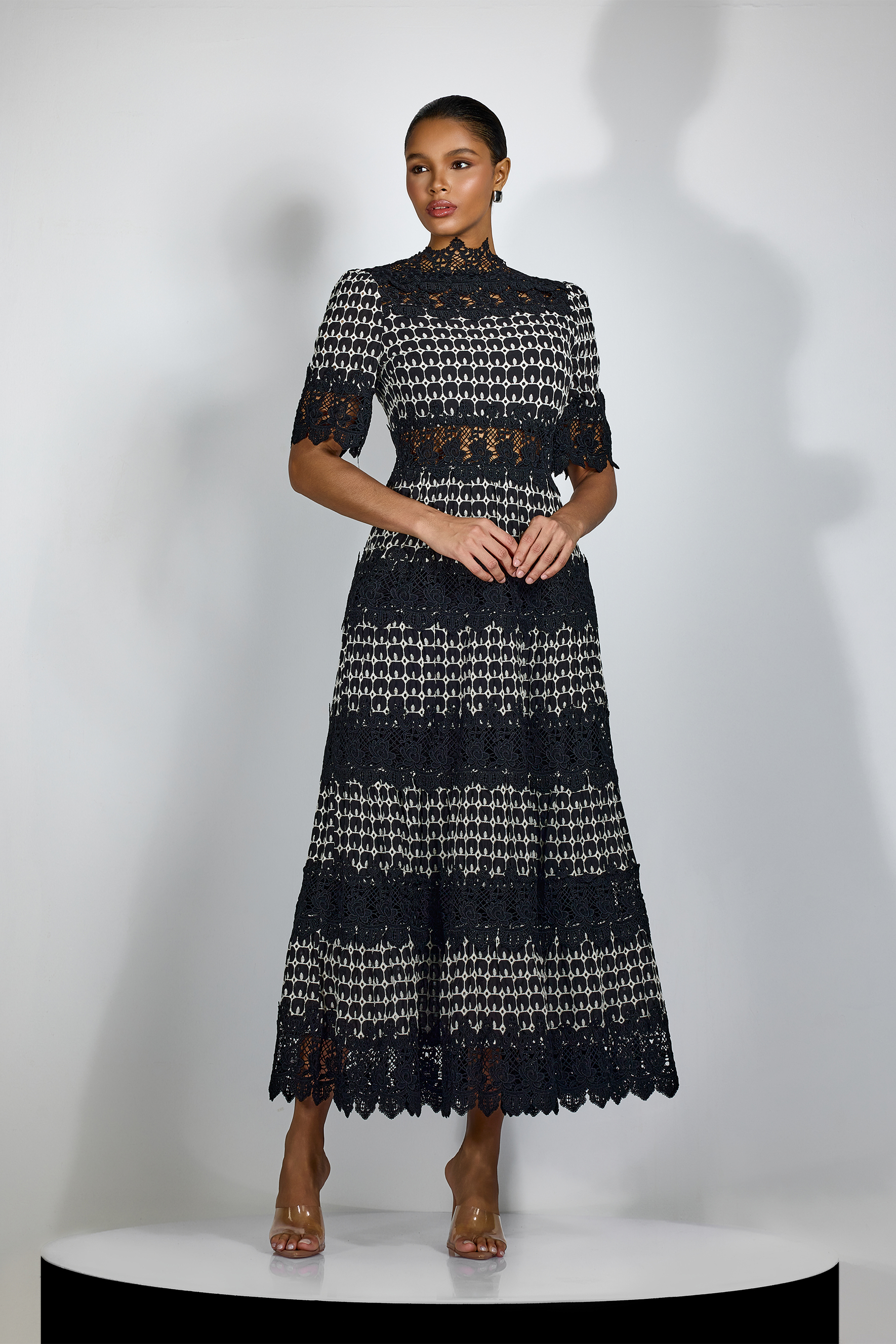 Geometric Lace Mock Neck Midi Dress