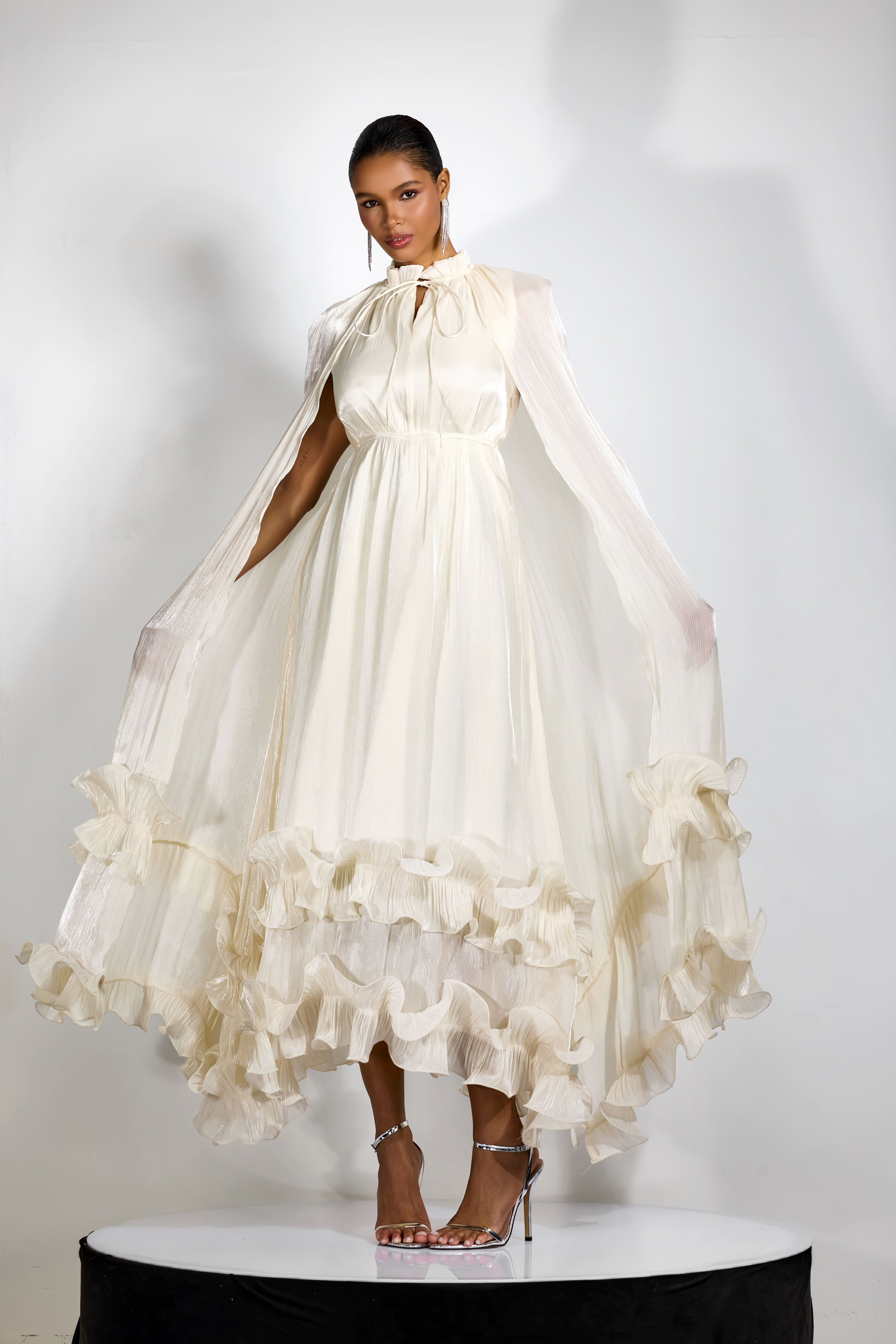 Ivory Pleated Cape Ruffle Maxi Dress