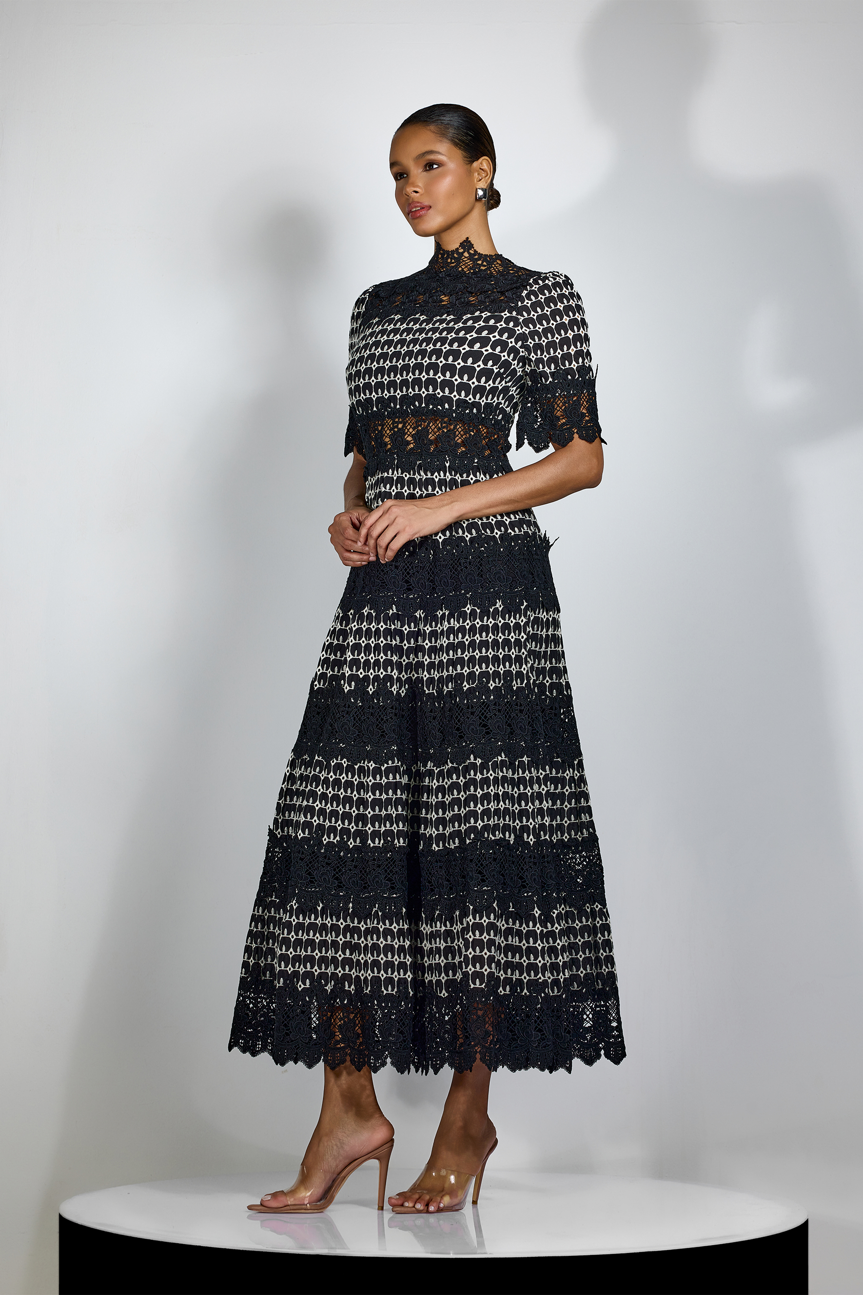 Geometric Lace Mock Neck Midi Dress