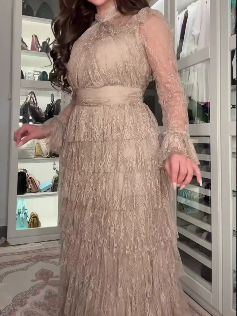 Elegant long lace dress with layers