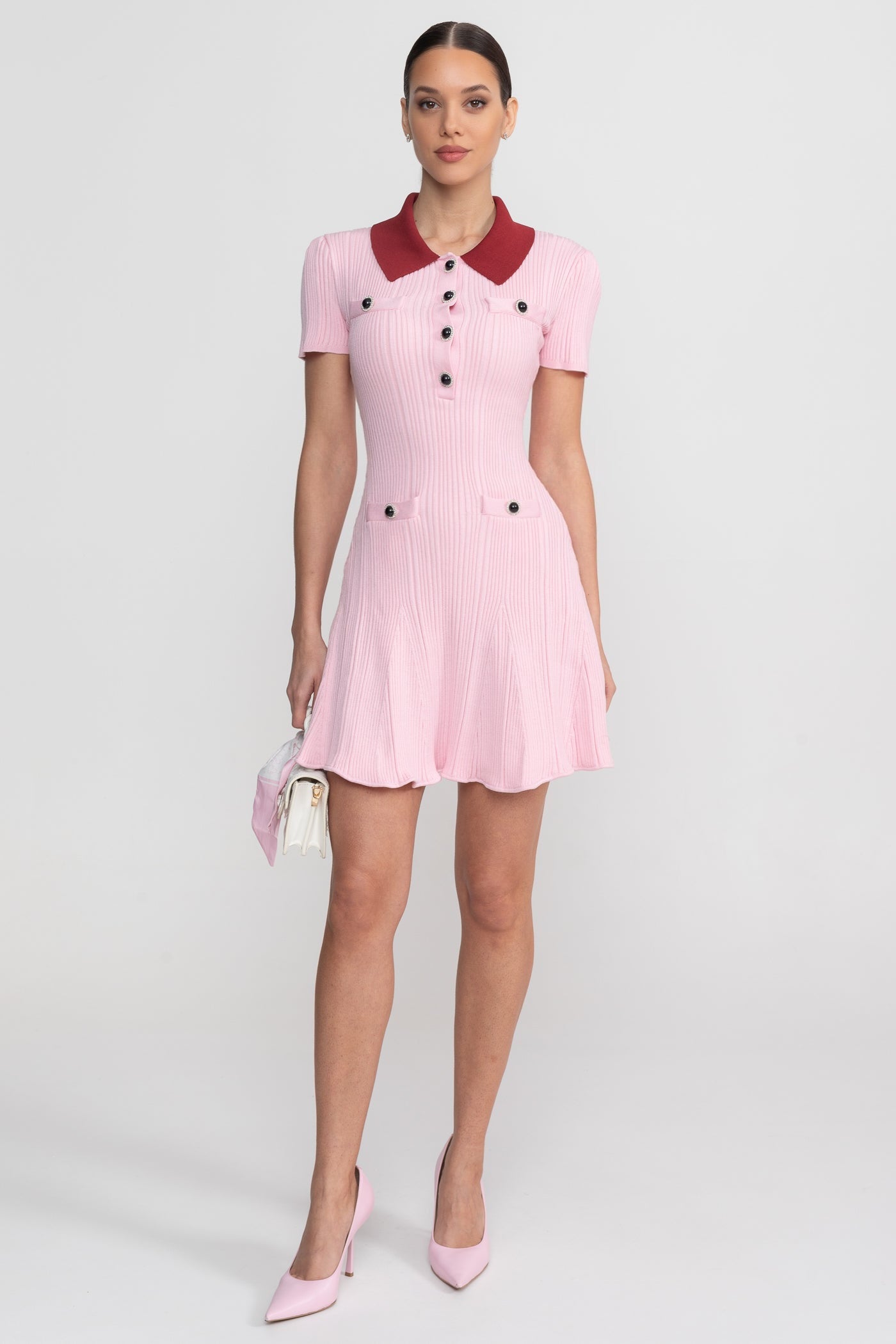 Pink Contrast Collar Ribbed Mini Dress