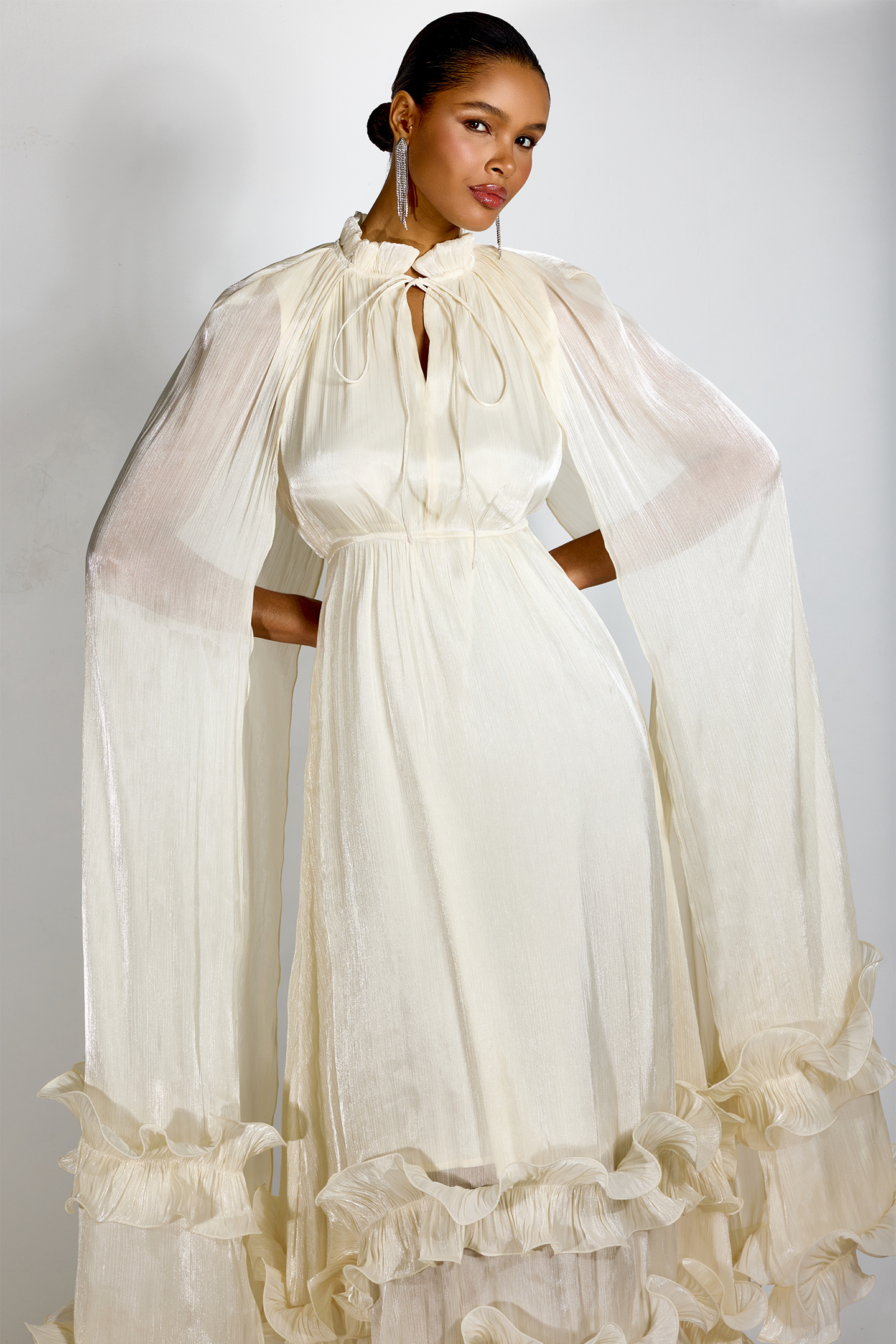Ivory Pleated Cape Ruffle Maxi Dress