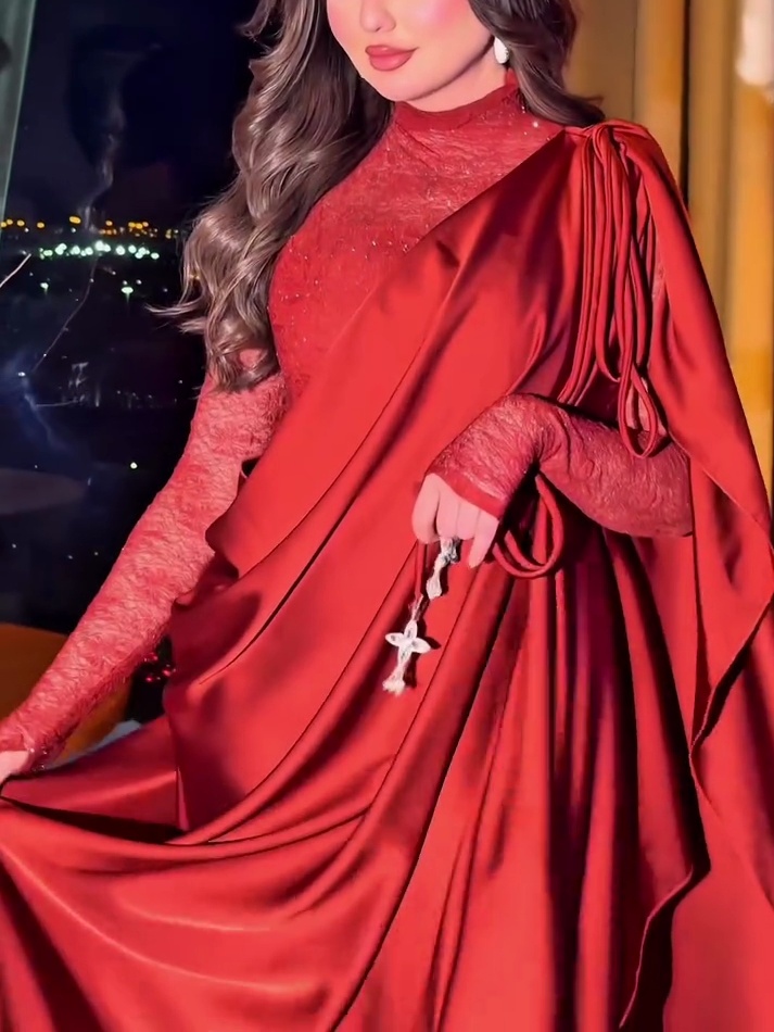 Elegant red draped evening dress
