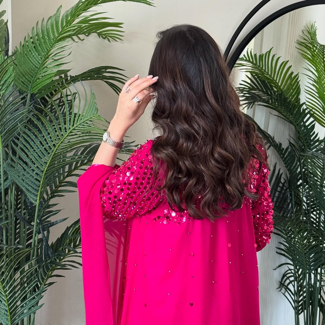 Fuchsia Pink Modest Maxi Dress with Embellished Neckline