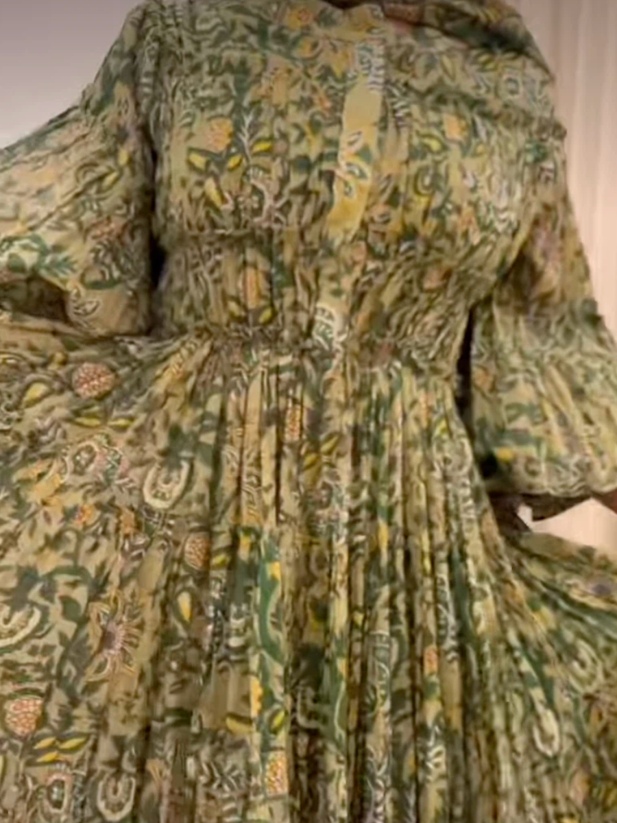 Green printed pleated maxi dress