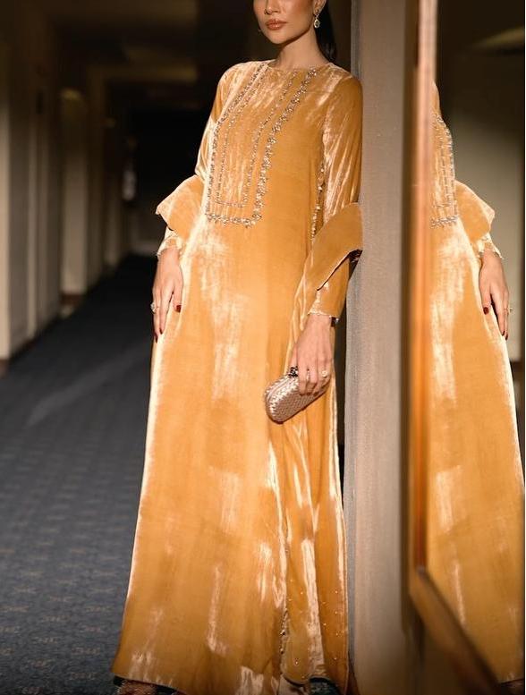 A luxurious velvet dress in a ginger yellow color, decorated with exquisite embroidery.