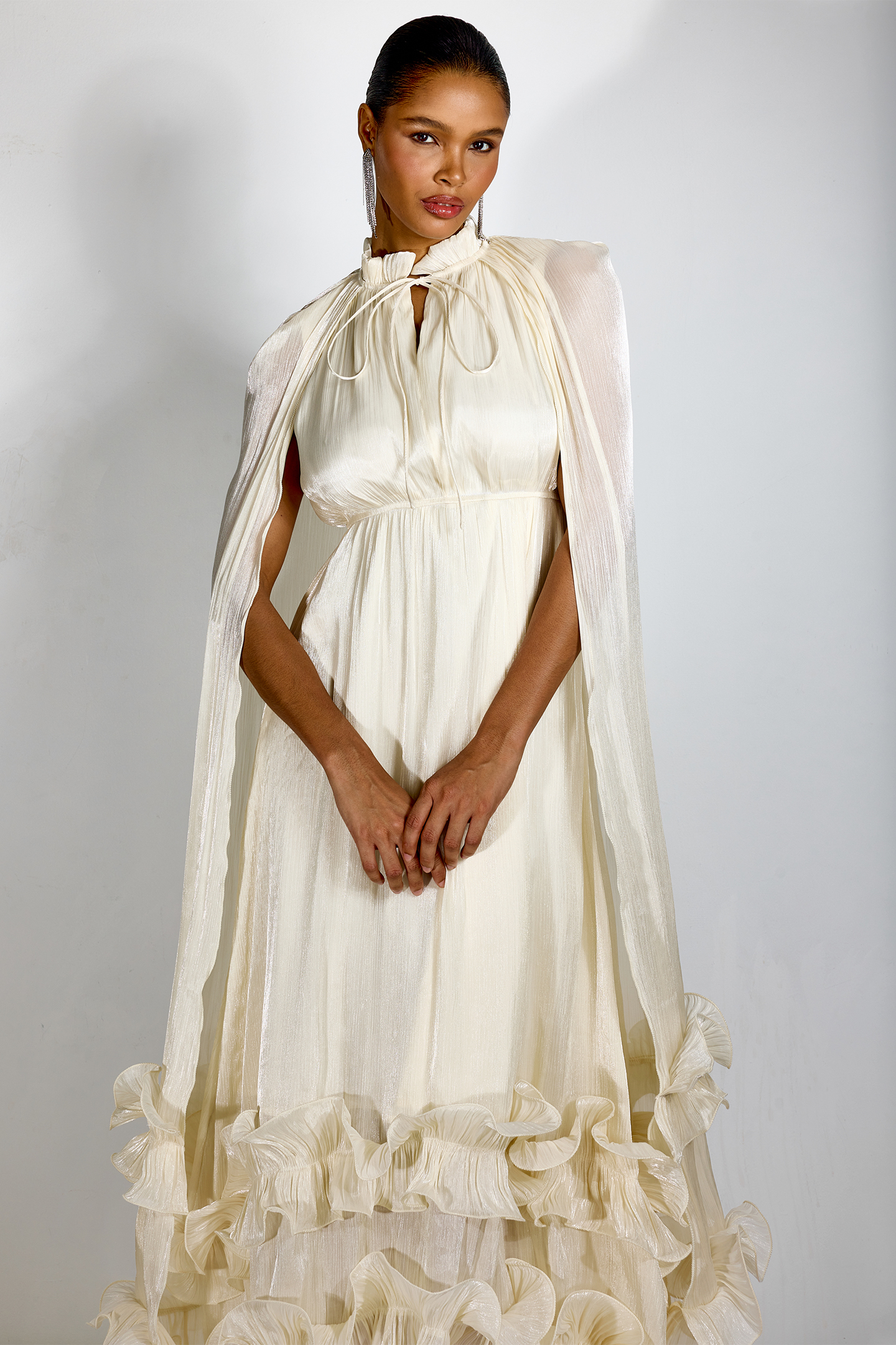 Ivory Pleated Cape Ruffle Maxi Dress