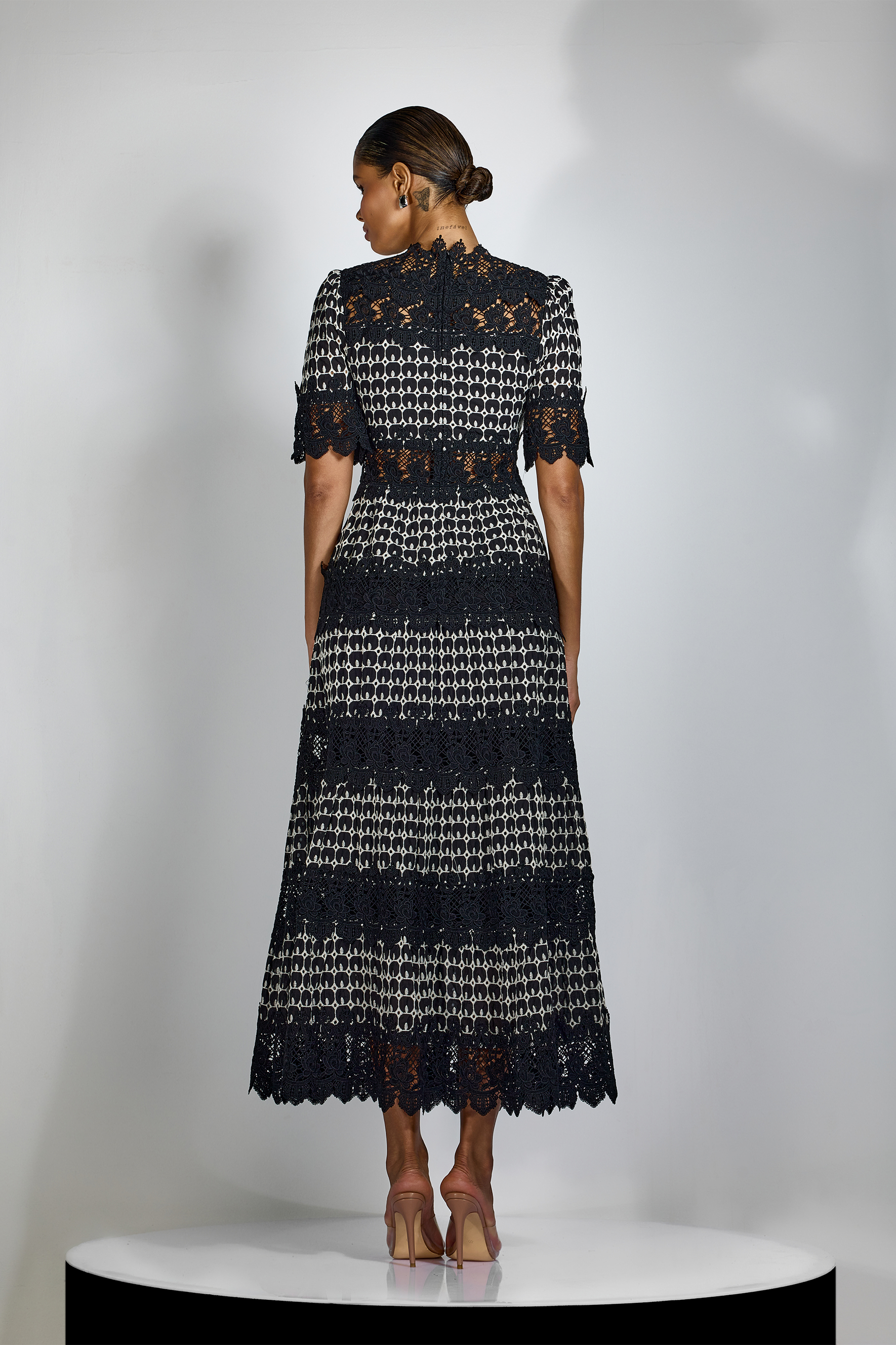 Geometric Lace Mock Neck Midi Dress