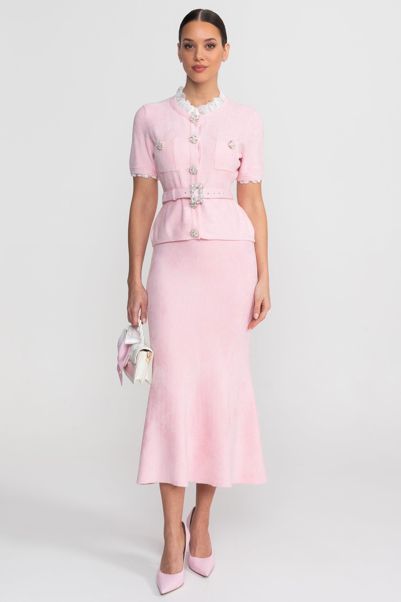 Elegant Pink Textured Two-Piece Set with Lace Collar and Rhinestones