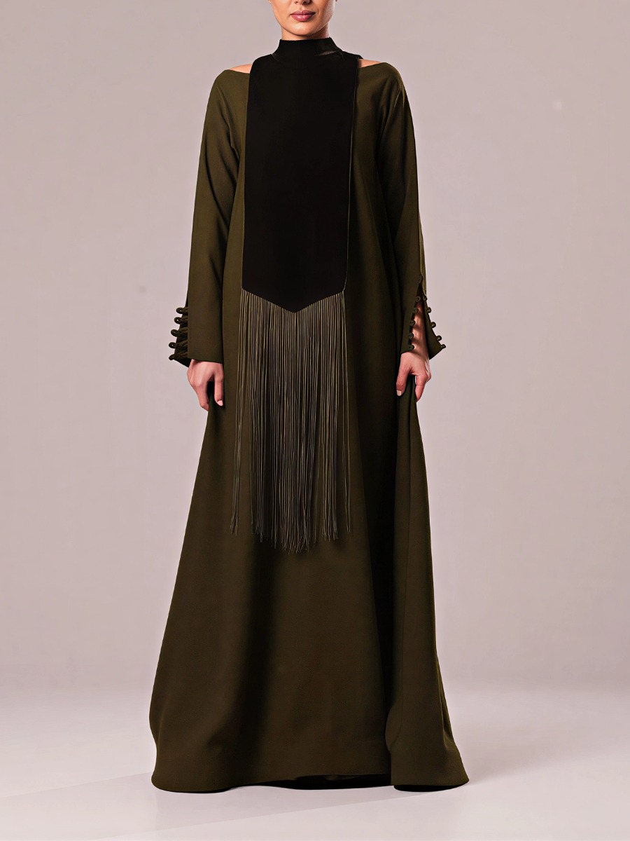 Dark green cape abaya with a modern design and tassels