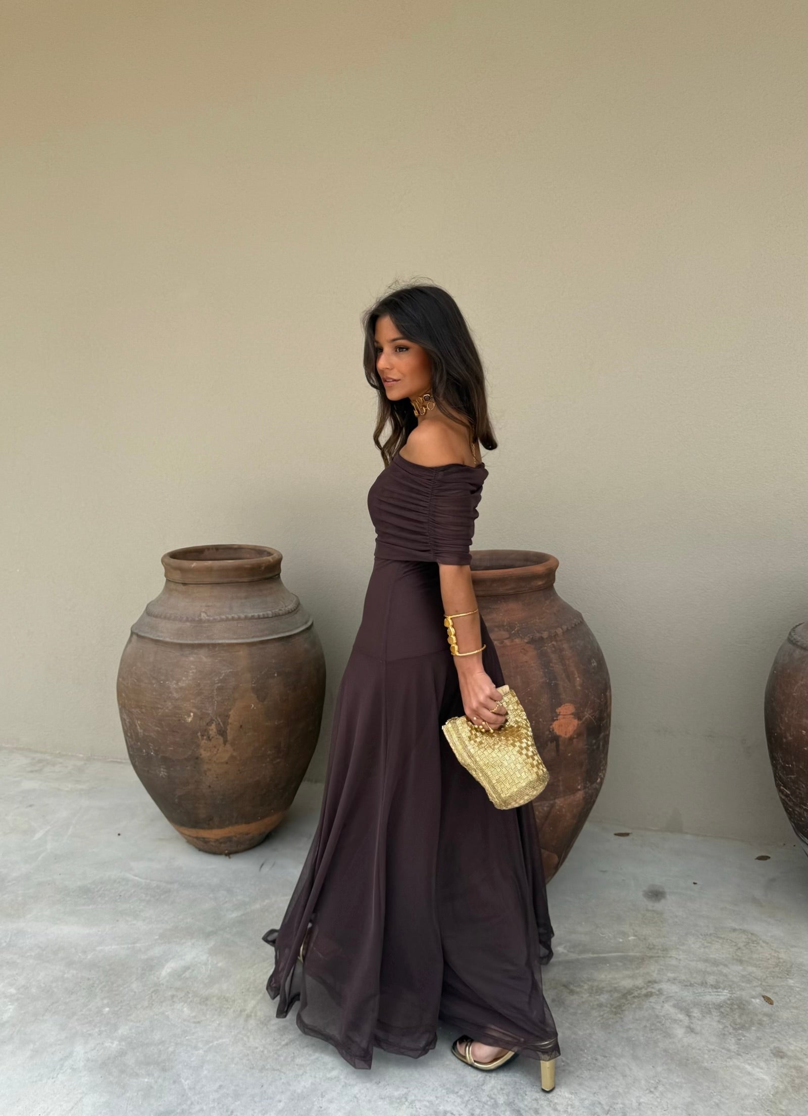 Elegant Ruched Off-the-Shoulder Mesh Maxi Dress