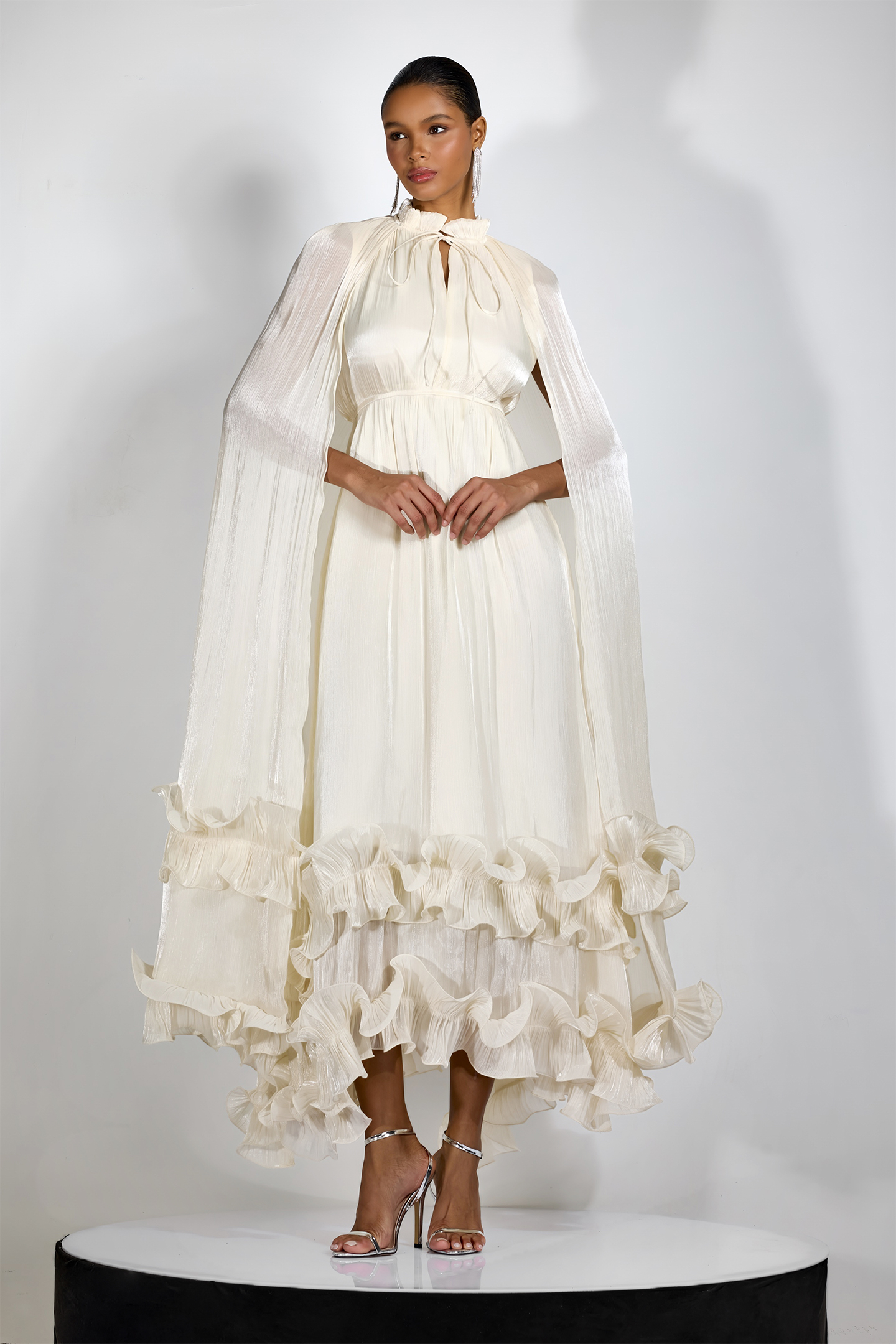 Ivory Pleated Cape Ruffle Maxi Dress