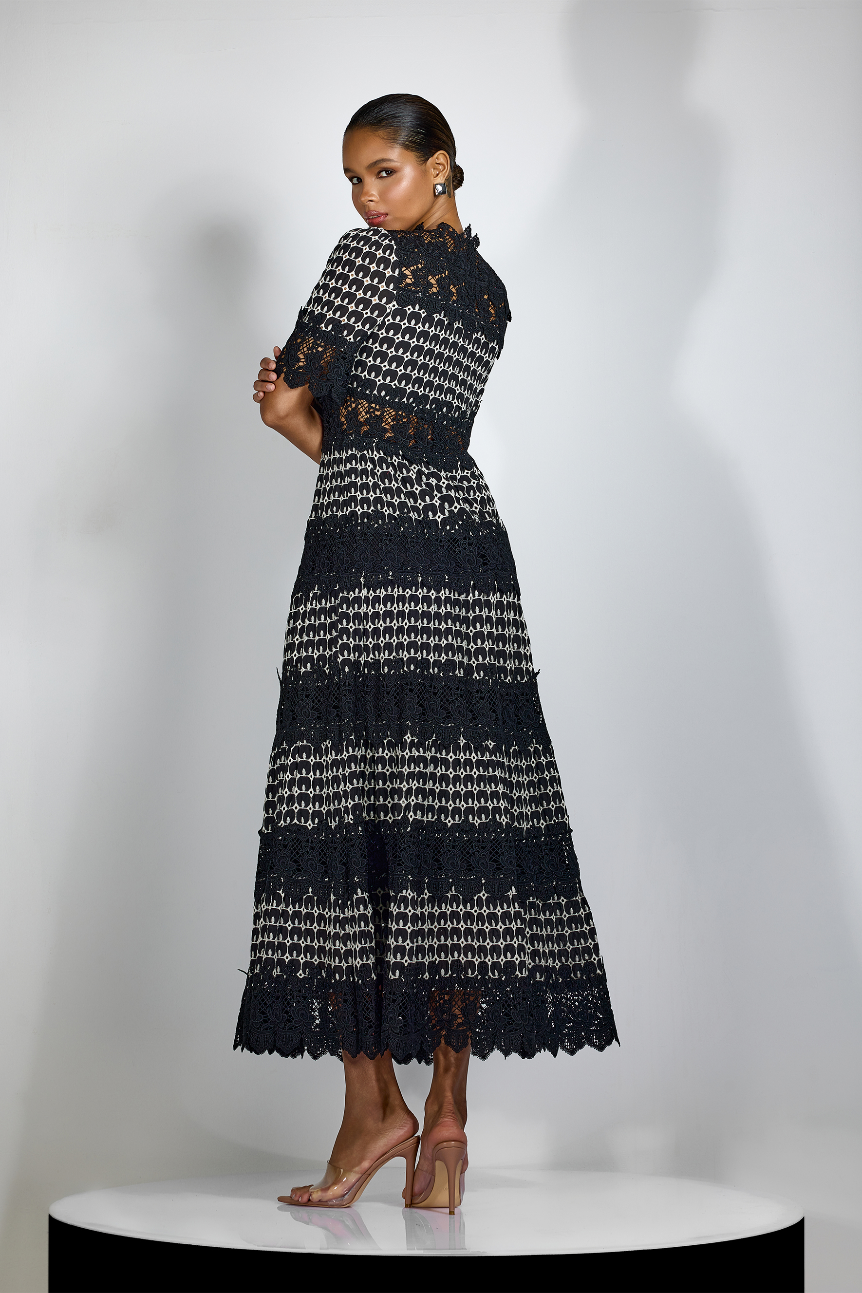 Geometric Lace Mock Neck Midi Dress