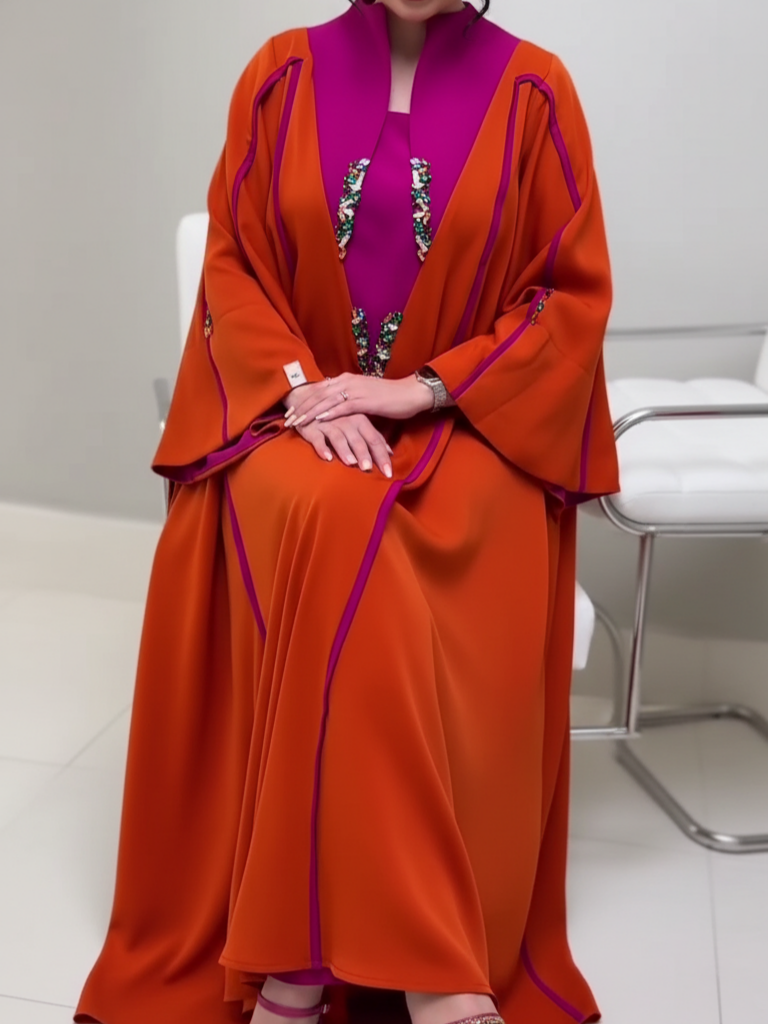 A luxurious abaya set in fuchsia and orange with elegant embroidery.