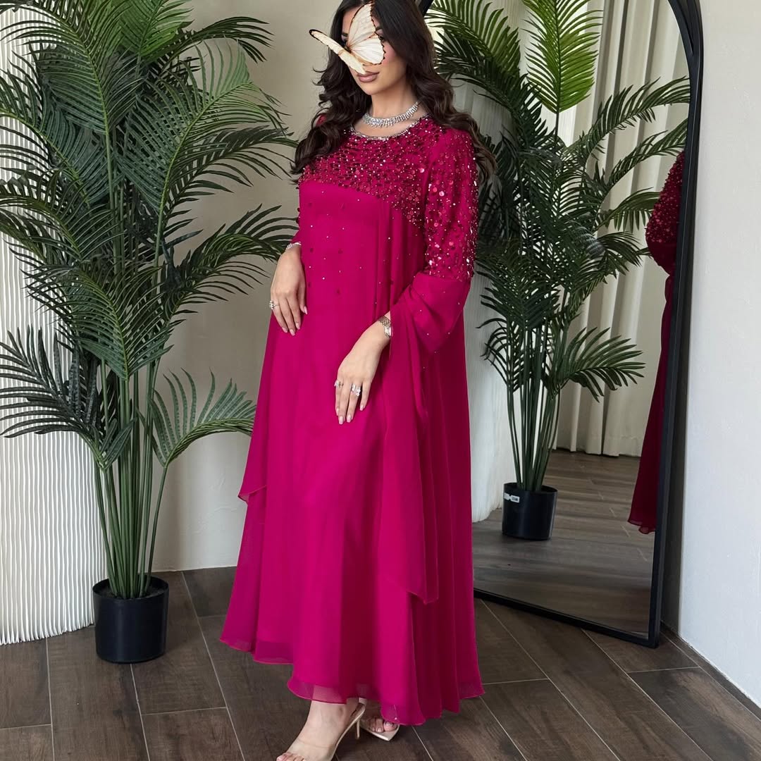 Fuchsia Pink Modest Maxi Dress with Embellished Neckline