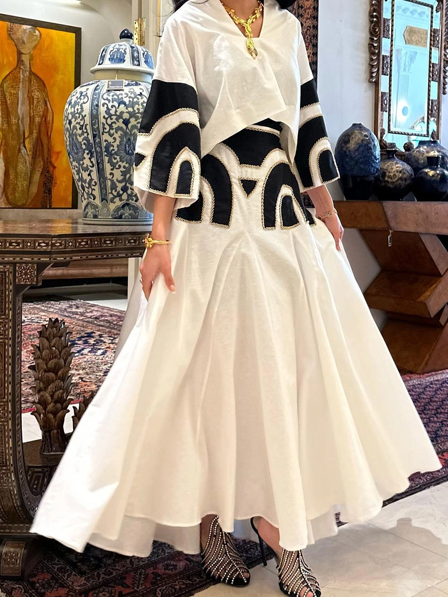 Black and white linen skirt and skirt set with embroidery