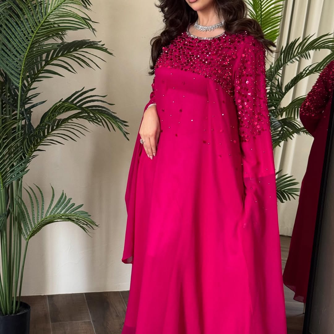 Fuchsia Pink Modest Maxi Dress with Embellished Neckline