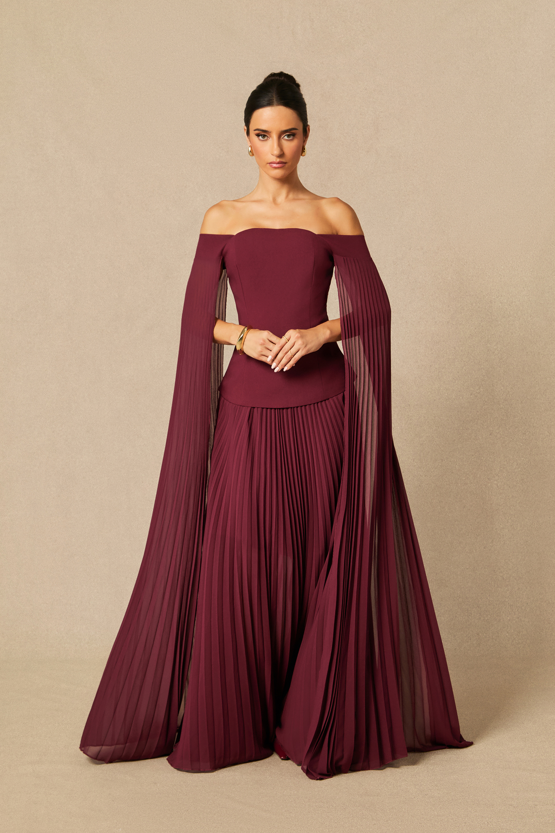 Elegant Burgundy Off-Shoulder Pleated Two-Piece Set