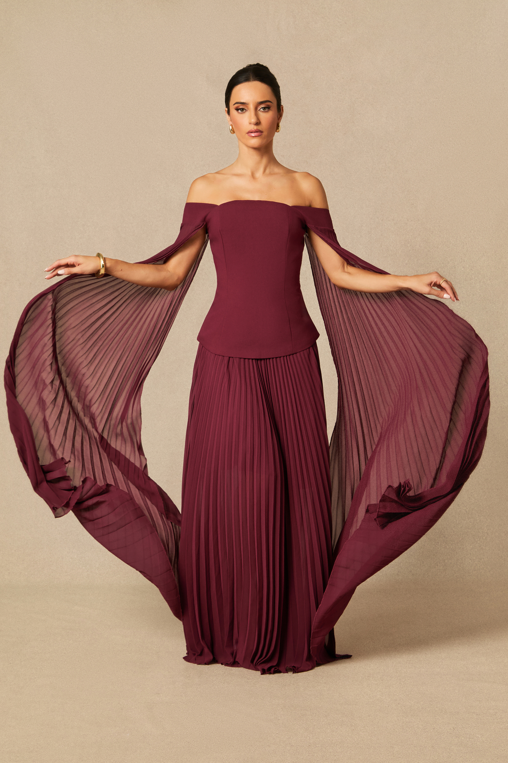 Elegant Burgundy Off-Shoulder Pleated Two-Piece Set