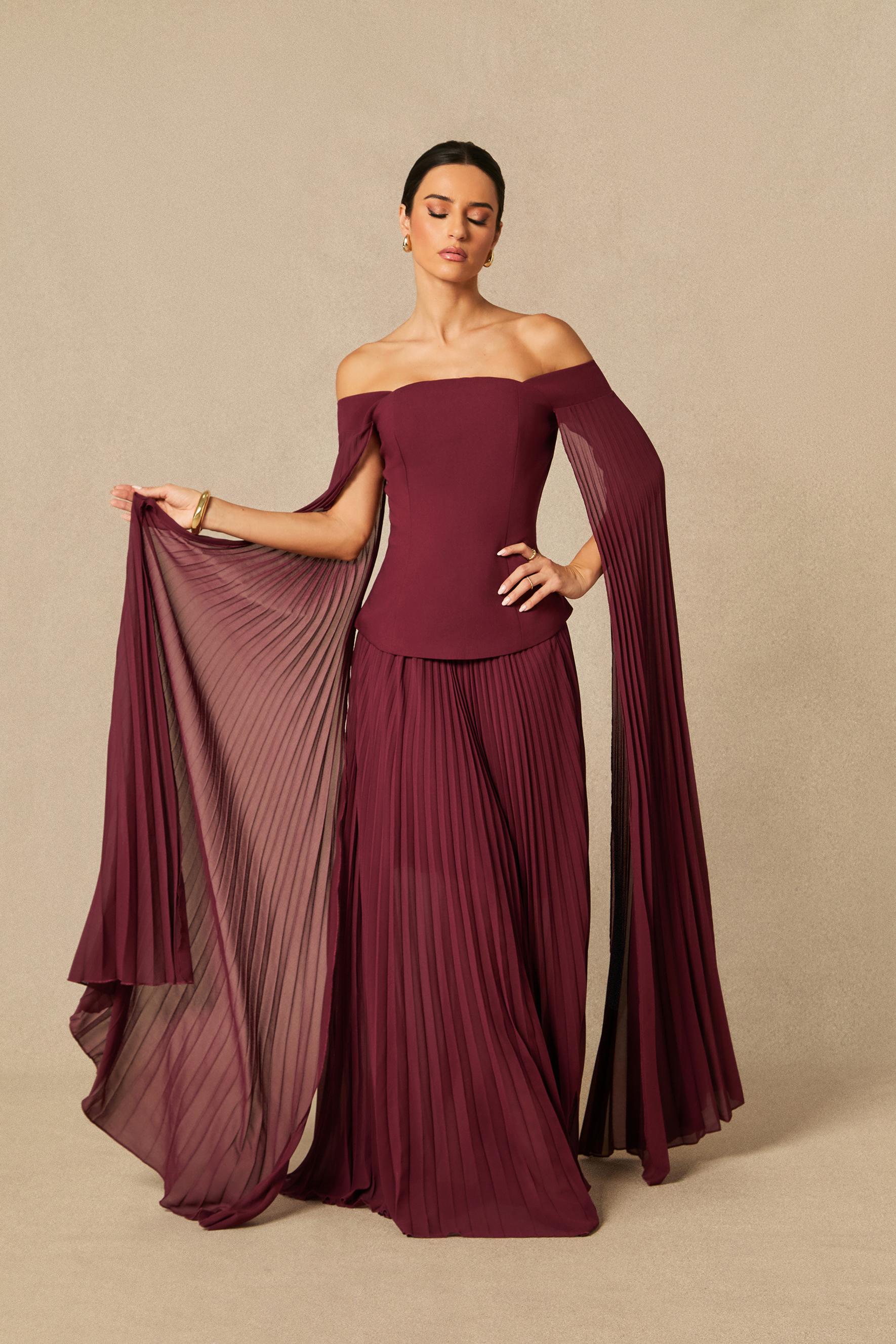 Elegant Burgundy Off-Shoulder Pleated Two-Piece Set