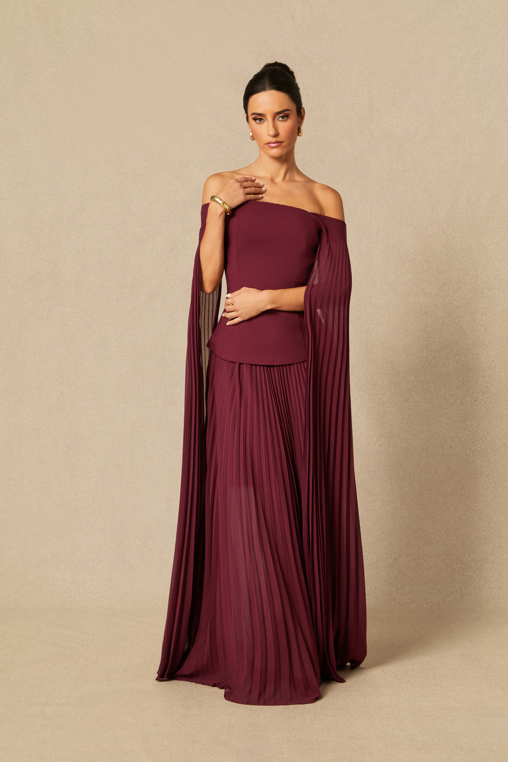 Elegant Burgundy Off-Shoulder Pleated Two-Piece Set