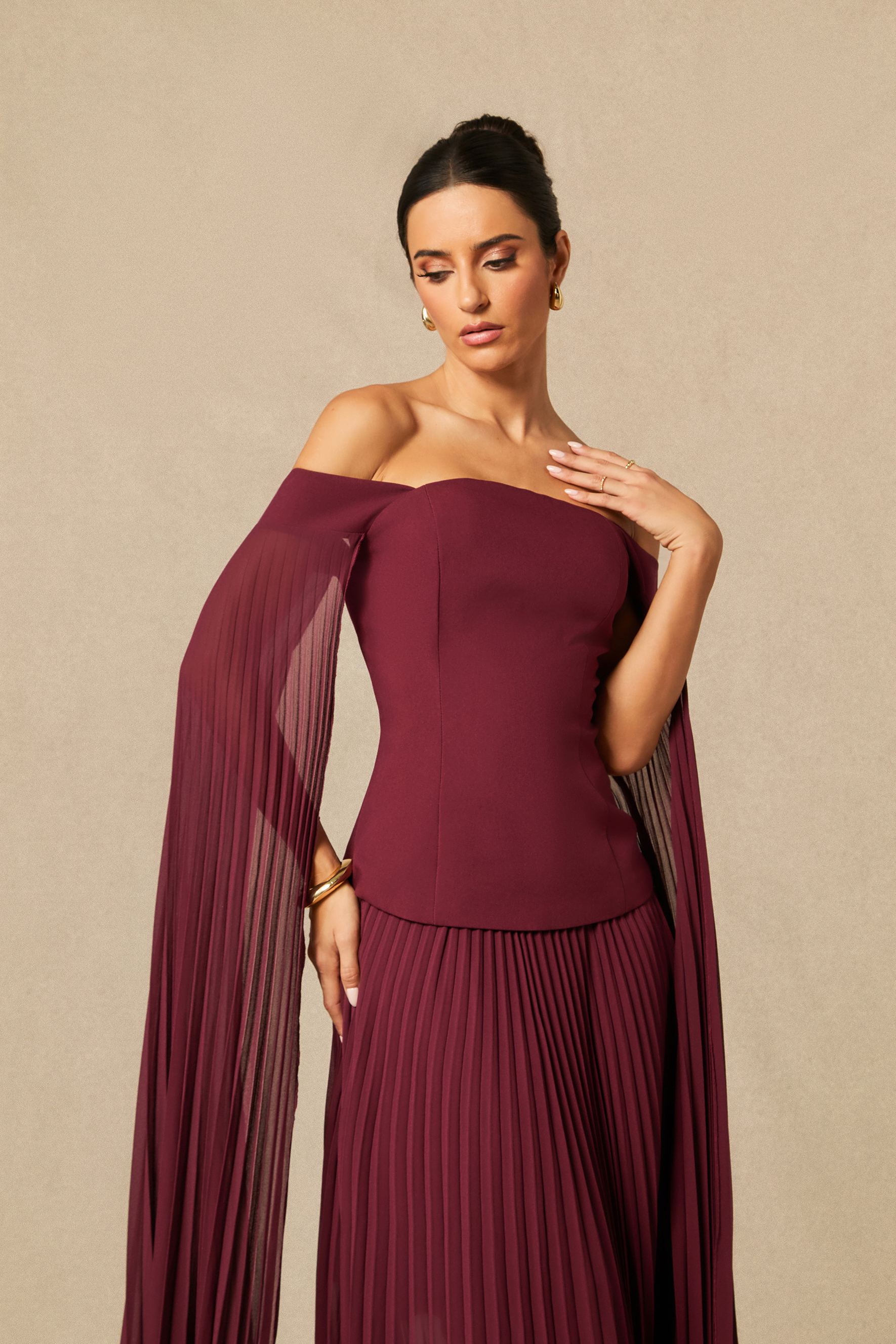 Elegant Burgundy Off-Shoulder Pleated Two-Piece Set