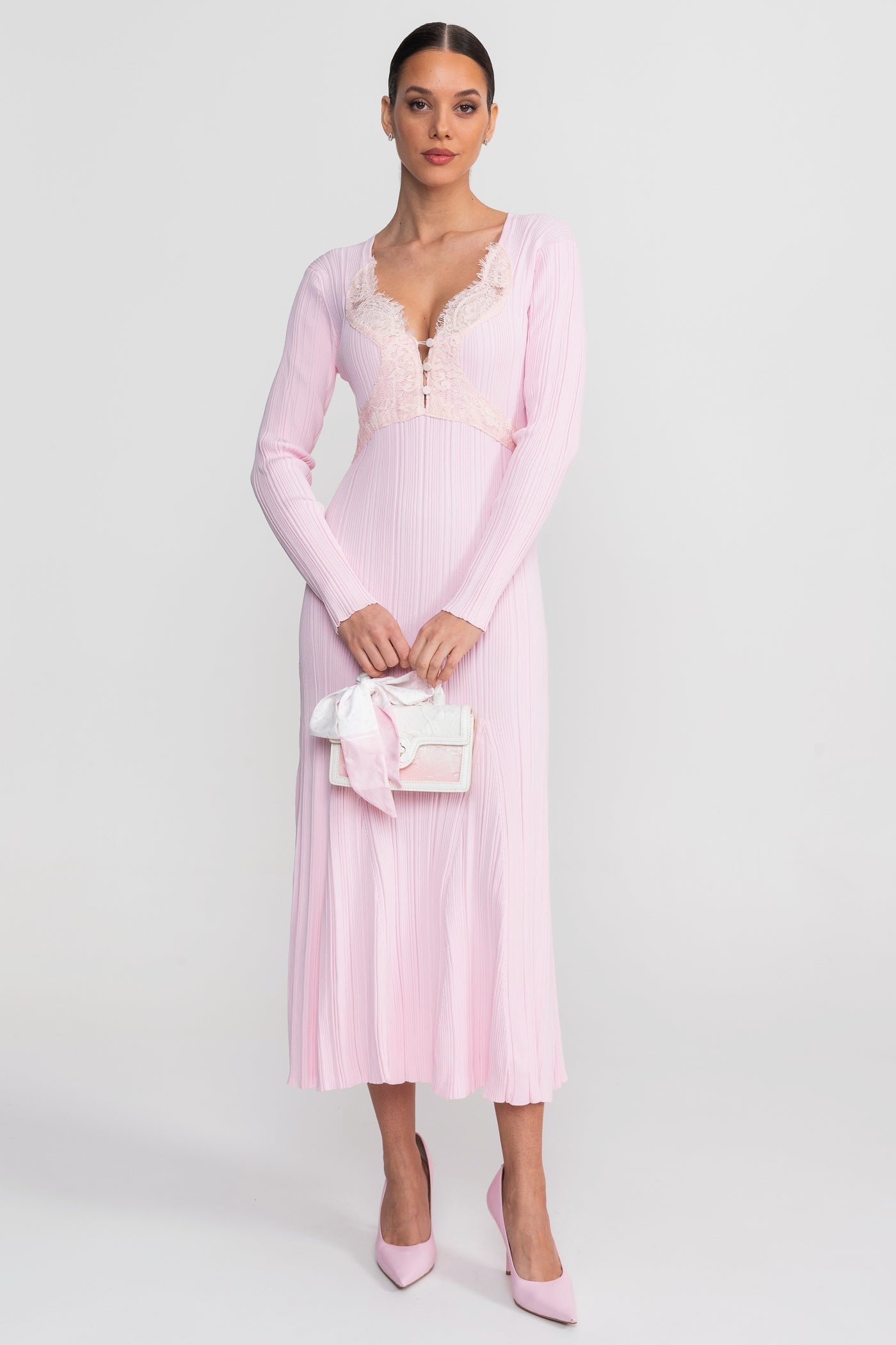 Lace V-Neck Ribbed Midi Dress in Pink