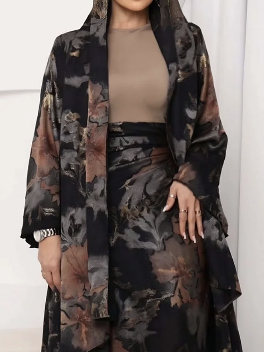 Long black and gold patterned robe with skirt and headpiece (three-piece set)
