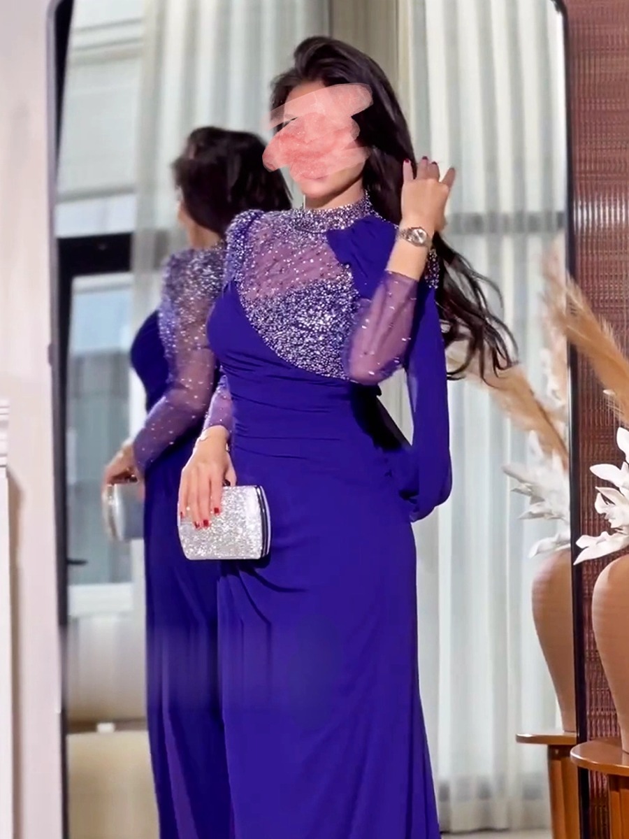Dark purple evening dress with an irregular design and rhinestone embellishments (available)