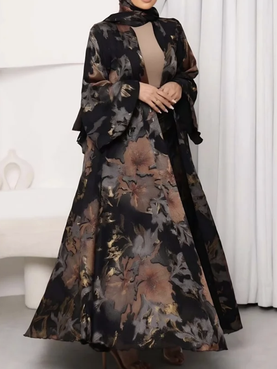 Long black and gold patterned robe with skirt and headpiece (three-piece set)