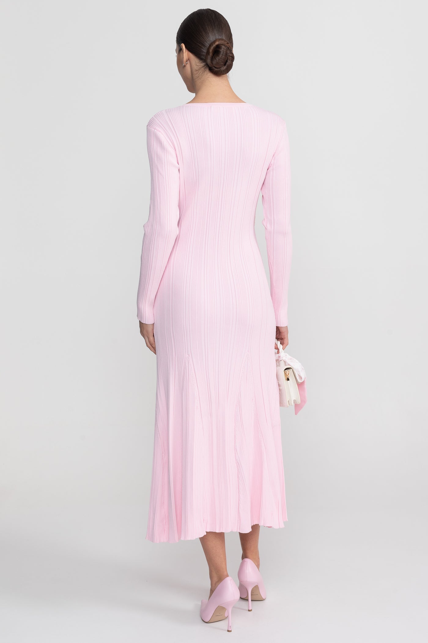 Lace V-Neck Ribbed Midi Dress in Pink