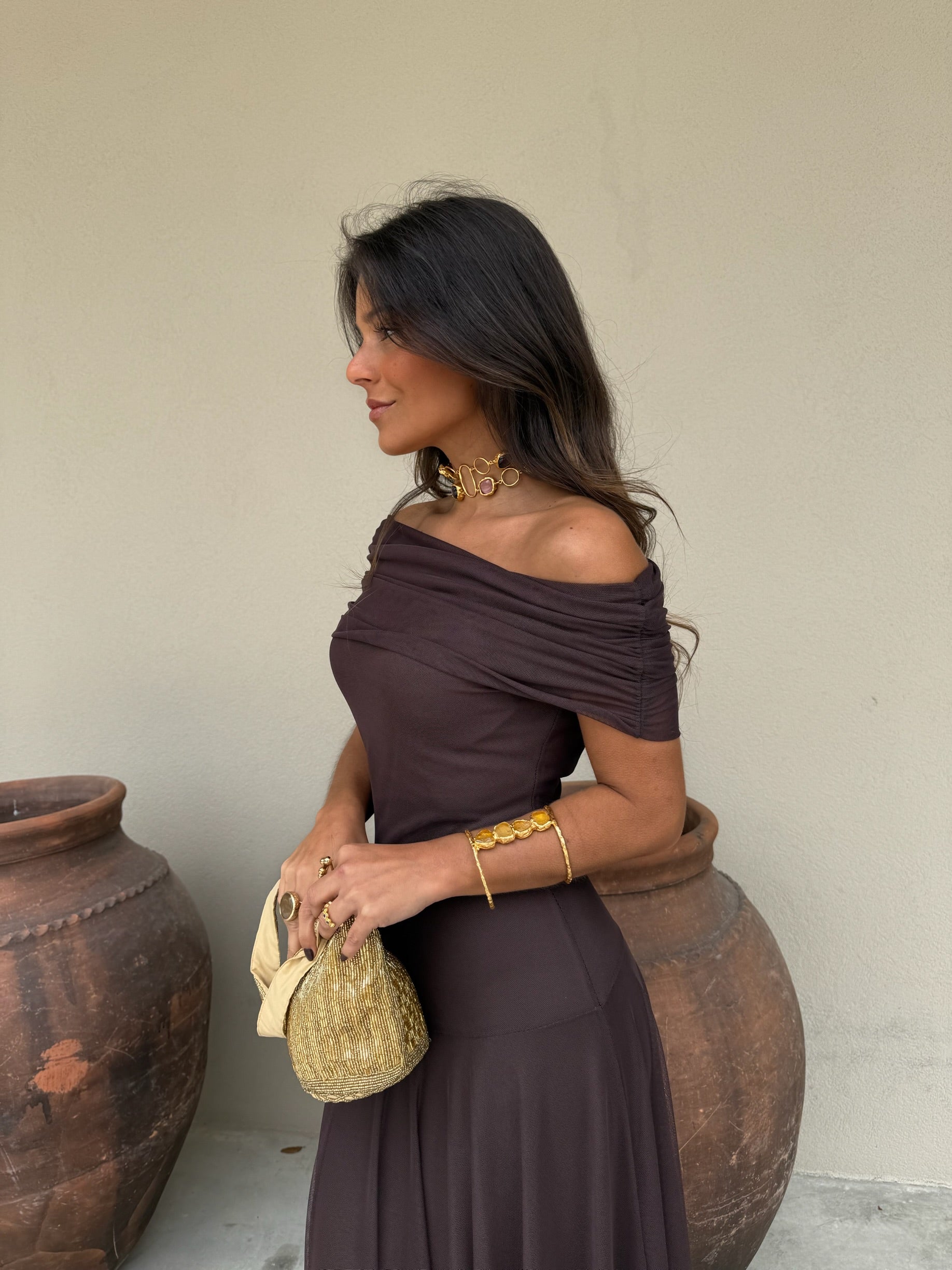 Elegant Ruched Off-the-Shoulder Mesh Maxi Dress