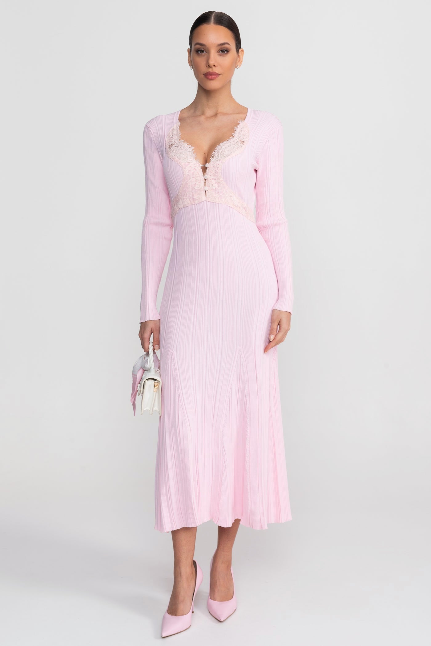 Lace V-Neck Ribbed Midi Dress in Pink