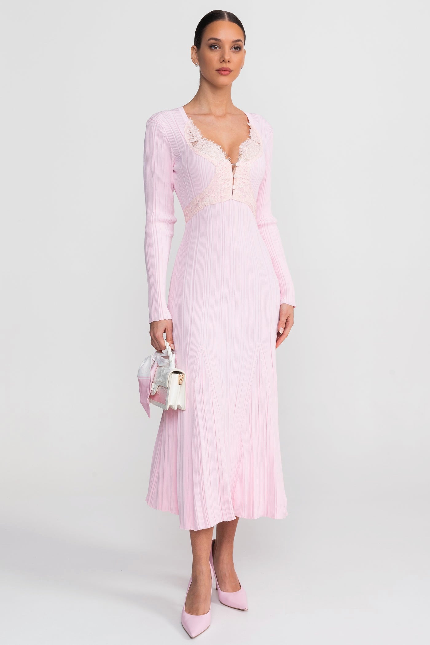 Lace V-Neck Ribbed Midi Dress in Pink