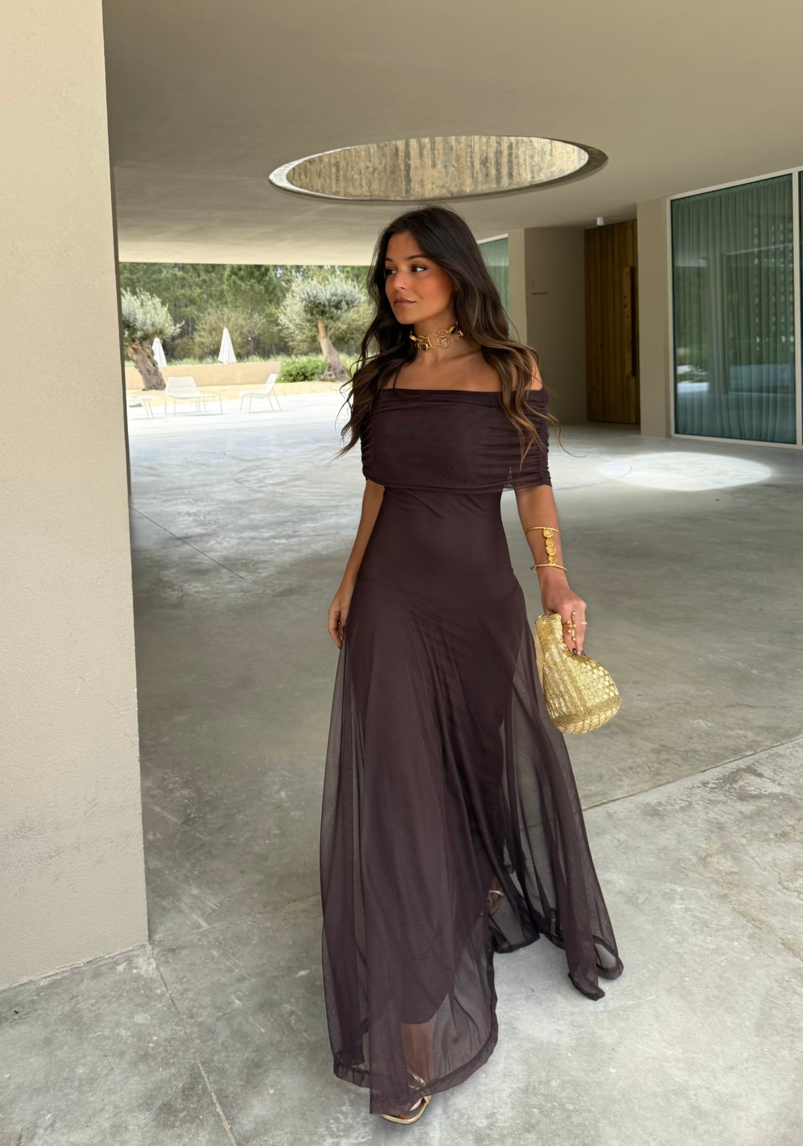 Elegant Ruched Off-the-Shoulder Mesh Maxi Dress