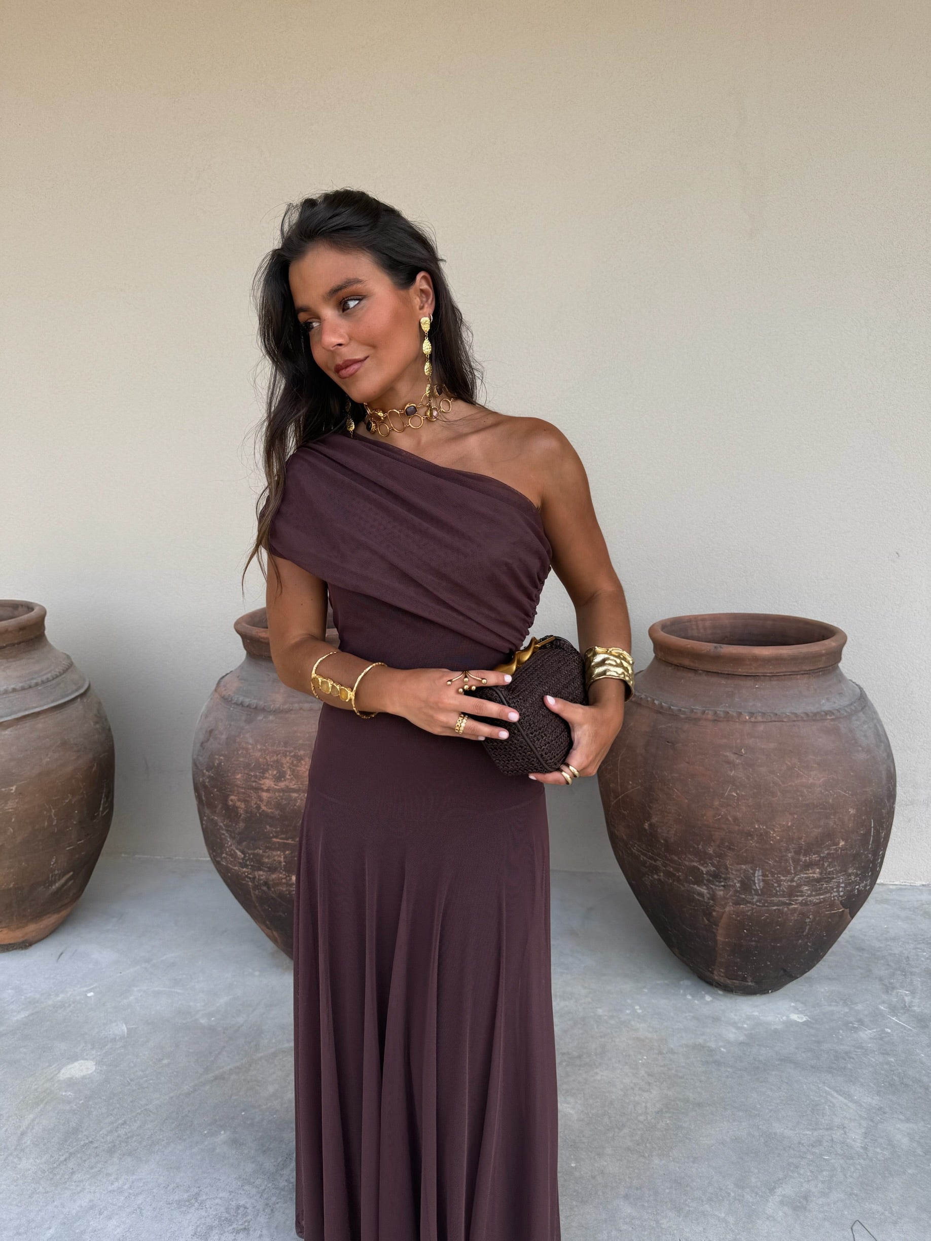 Elegant Ruched Off-the-Shoulder Mesh Maxi Dress