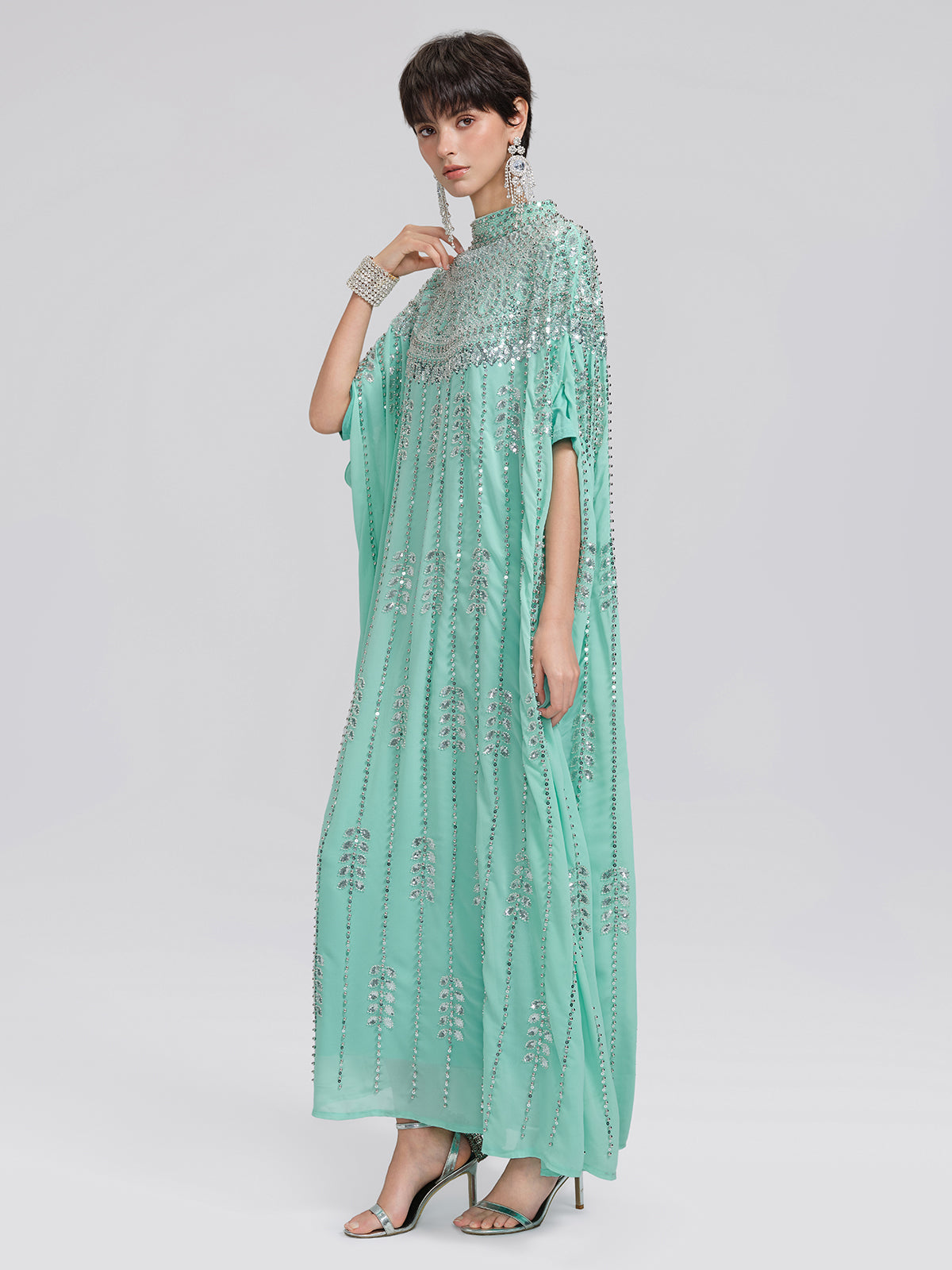 Elegant Mint Green Sequin Cape Kaftan Gown