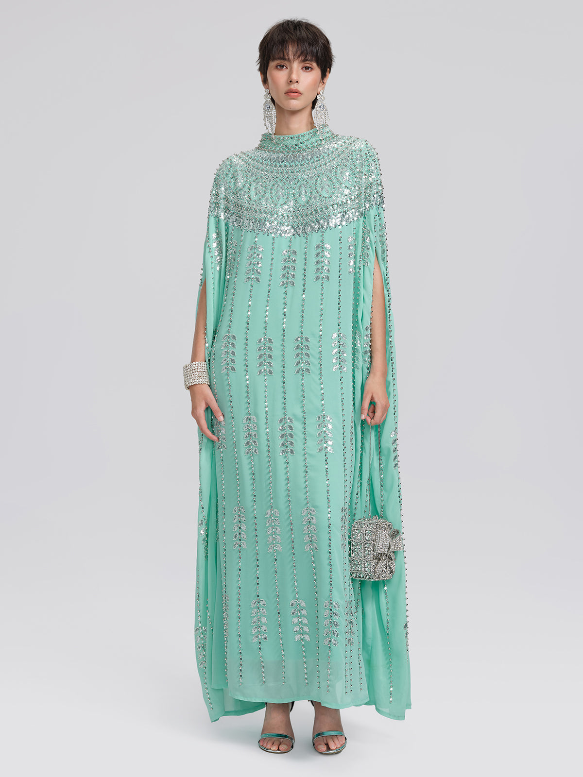 Elegant Mint Green Sequin Cape Kaftan Gown