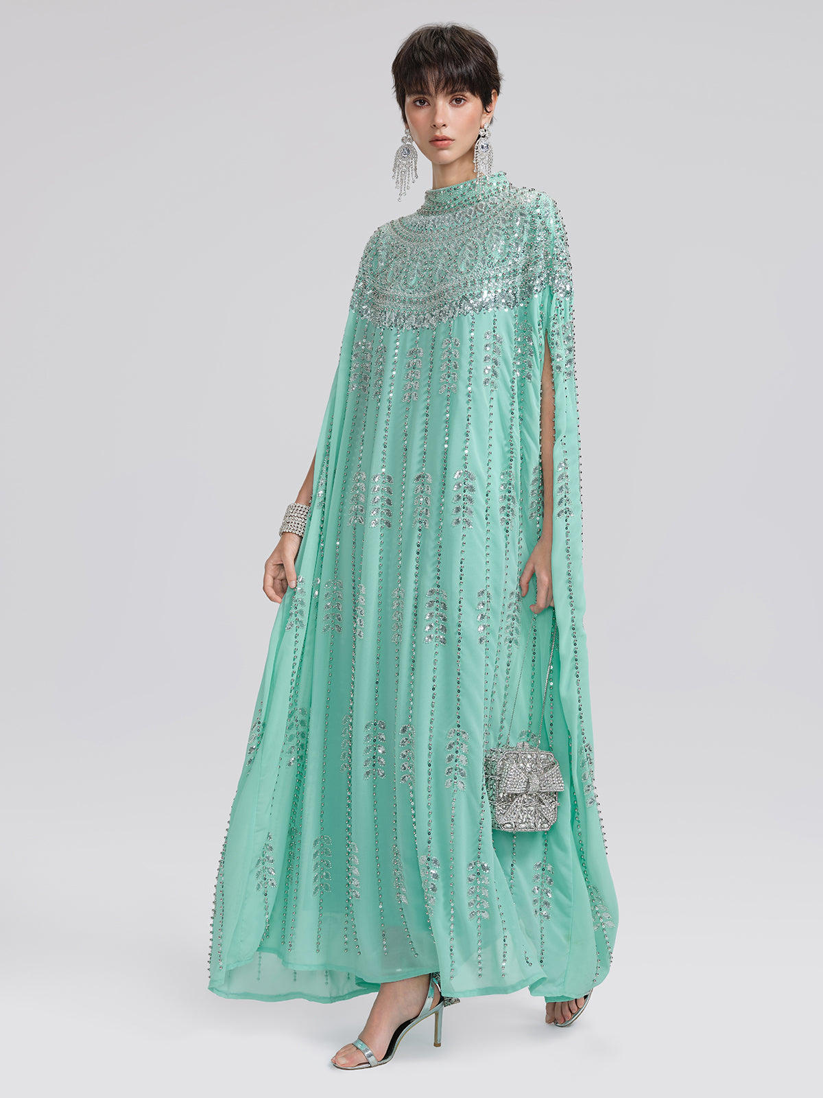 Elegant Mint Green Sequin Cape Kaftan Gown