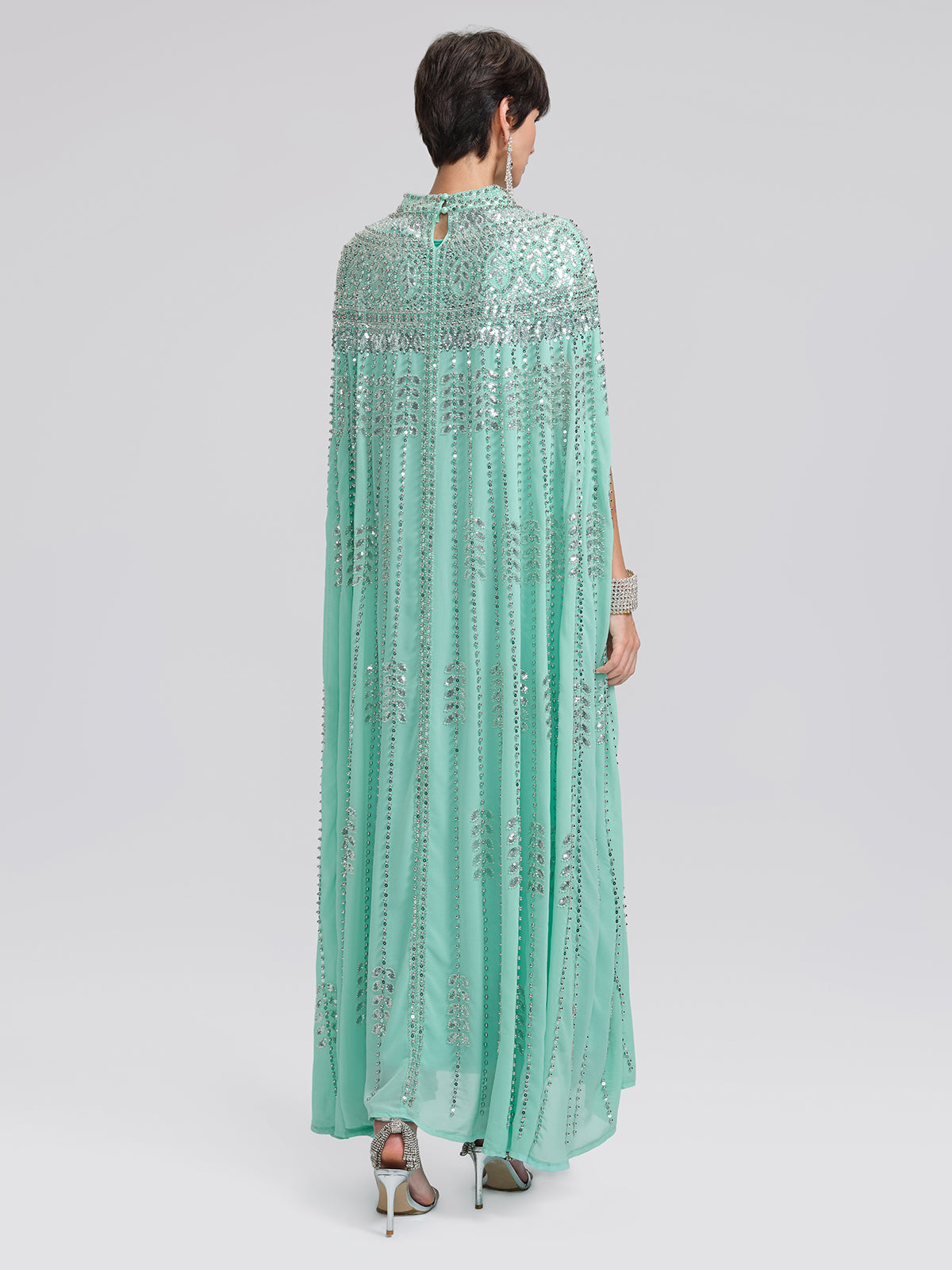 Elegant Mint Green Sequin Cape Kaftan Gown