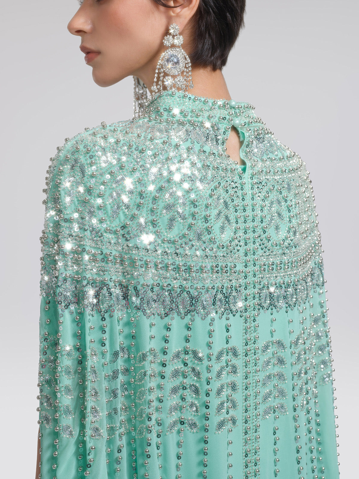 Elegant Mint Green Sequin Cape Kaftan Gown