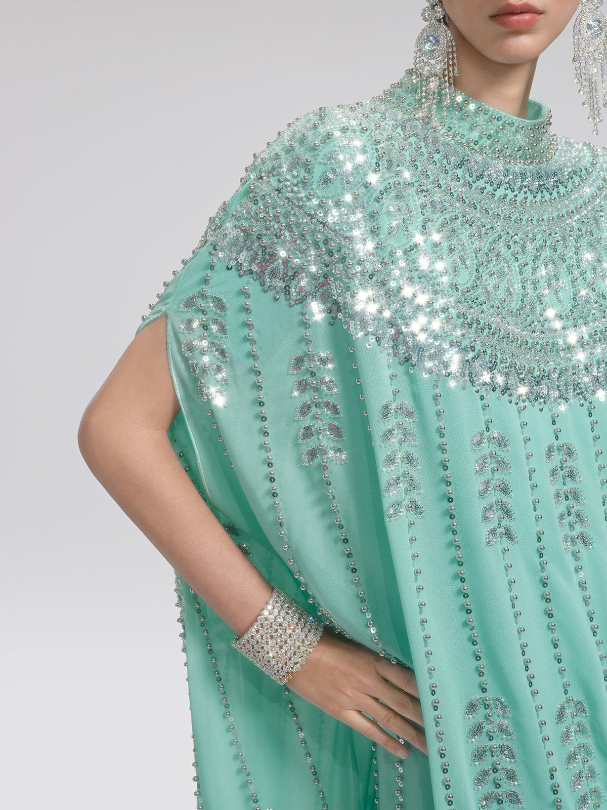 Elegant Mint Green Sequin Cape Kaftan Gown