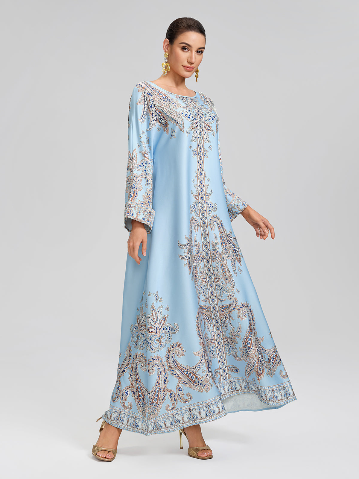 Elegant Light Blue Paisley Print Maxi Kaftan Dress