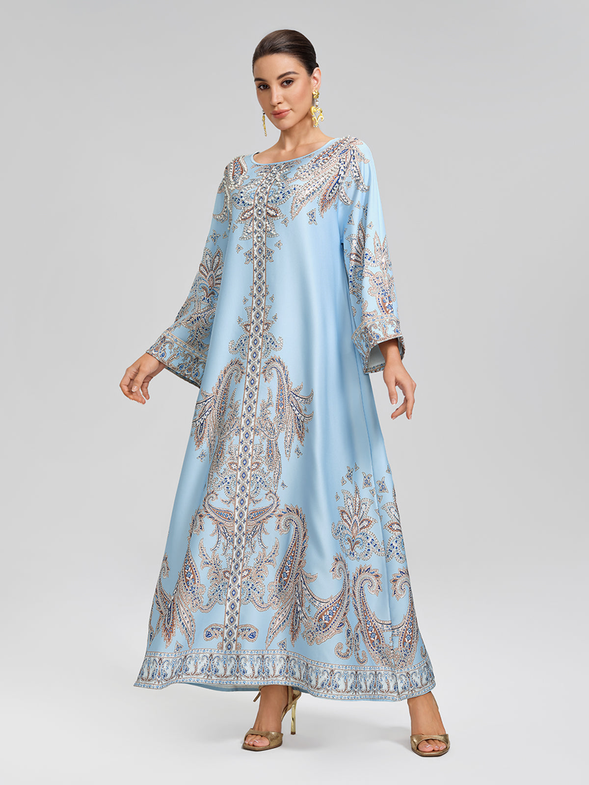 Elegant Light Blue Paisley Print Maxi Kaftan Dress