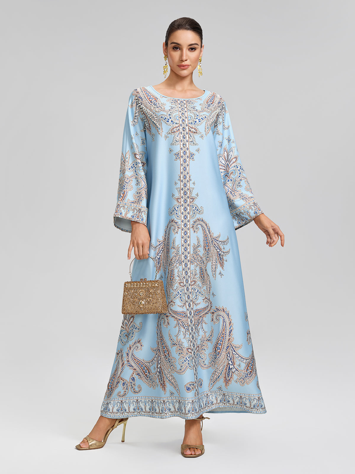 Elegant Light Blue Paisley Print Maxi Kaftan Dress