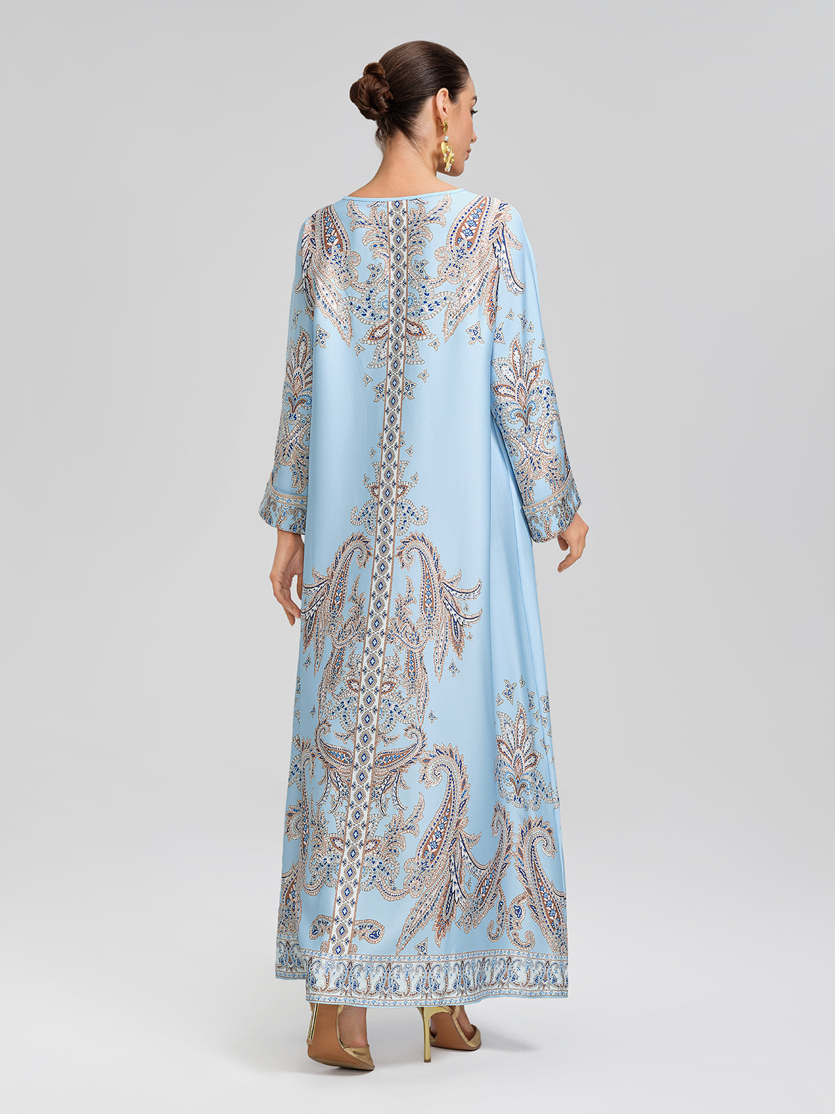 Elegant Light Blue Paisley Print Maxi Kaftan Dress