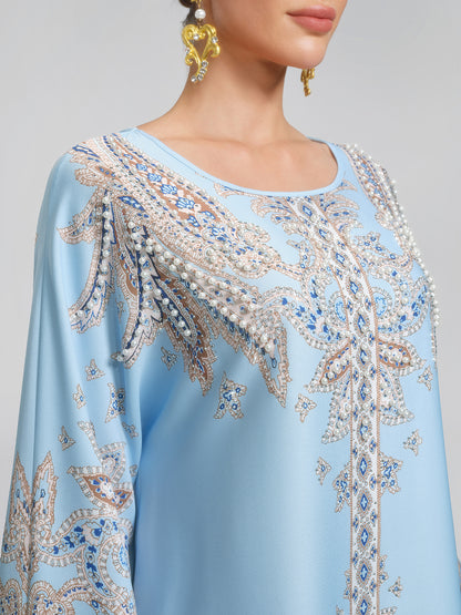 Elegant Light Blue Paisley Print Maxi Kaftan Dress