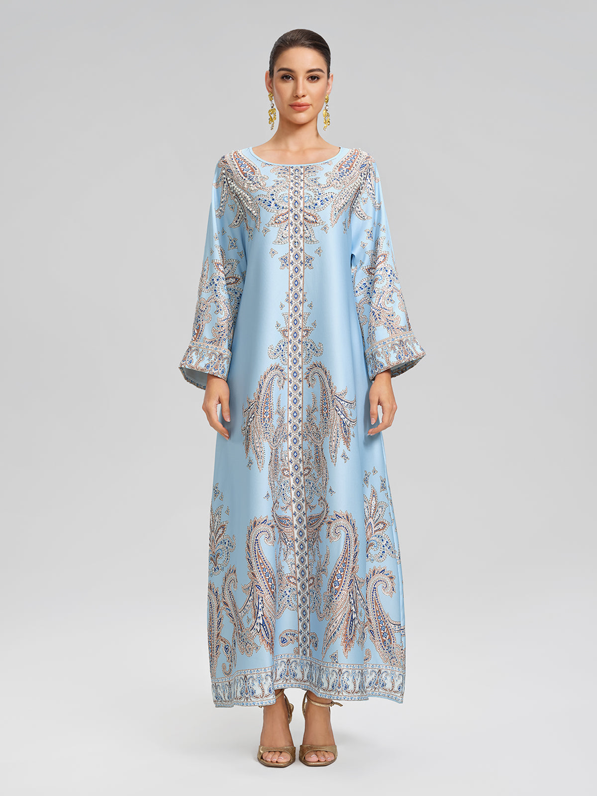 Elegant Light Blue Paisley Print Maxi Kaftan Dress